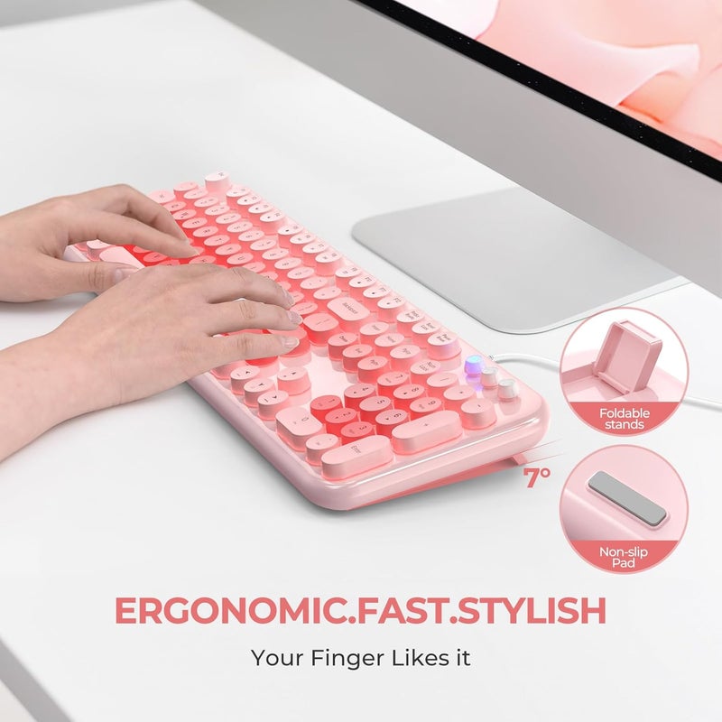 Atelus Wired Backlit Keyboard, USB Computer Keyboard with Retro Keycaps, Numeric Keypad and Media Hotkey for Office Desktop PC Laptop and Windows 7 8 10 11 (Pink Colorful) - Image 3